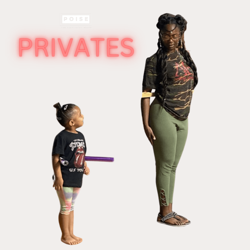 A young girl in a black t-shirt and colorful leggings stands next to a woman in a camouflage top and green pants, both posing confidently for a modeling session, with the word 'PRIVATES' displayed above them.